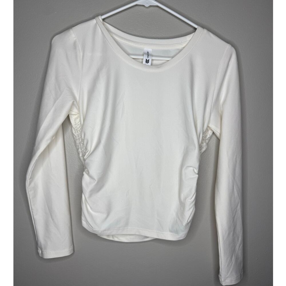 All in Motion White Ribbed Long Sleeve Ruched Top Cropped Fitted Activewear XS